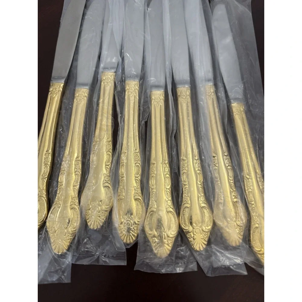Gold Tone Flatware Set Service for 8 Stainless Korea Vintage Silverware 40 Pc
